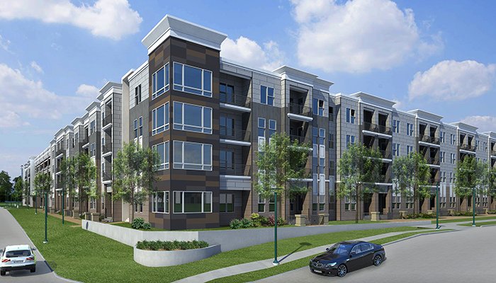 An exterior rendering of the first phase of EVO, a four-phase new-construction rental development.
