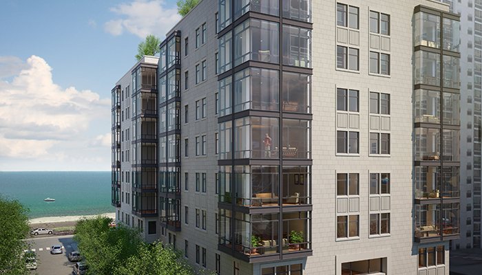 An exterior rendering of 61 Banks Street with Lake Michigan in the background.