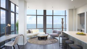 An interior rendering of a living room with views of Lake Michigan at the 61 Banks Street Boutique building development.