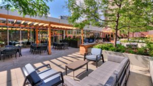 Outdoor furniture sets are placed around the terrace, couches, chairs and cafe tables. Planter boxes line the area with greenery and small trees. The indoor entertainment lounge lines the back along with several grilling stations.