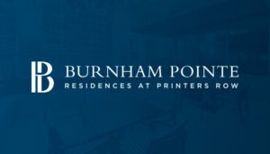 The Burnham Pointe logo presented on a blue background. The logo is horinzontally laid out with a "BP" design mark on the left. Burnham Pointe is written across with Residences at Printers Row written below it.