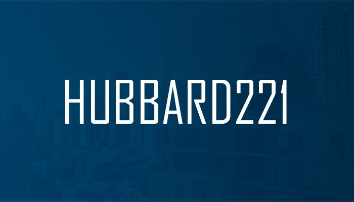 The HUBBARD221 logo presented on a blue background. The logo is HUBBARD221 written in a stylized font.
