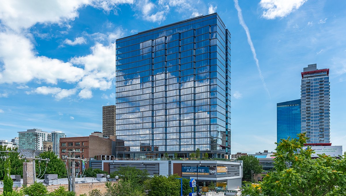 An exterior photograph of the multifamily development at 2111 South Wabash in the McCormick Square are of Chicago's South Loop.