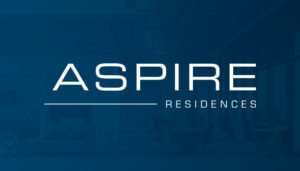 The Aspire Residences logo presented on a blue background. The logo itself has Aspire written our with a solid line and the word Residences smaller below it.