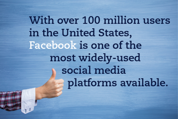 A hand gives a thumbs up in front of blue chalkboard with a caption that reads "With over 100 million users in the United States, Facebook is one of the most widely-used social media platforms available."
