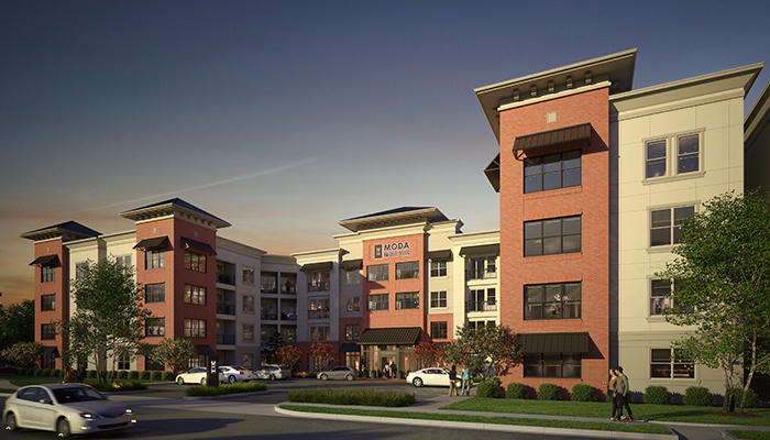 A rendering of the front side of the new Moda at the Hill development at sunset.