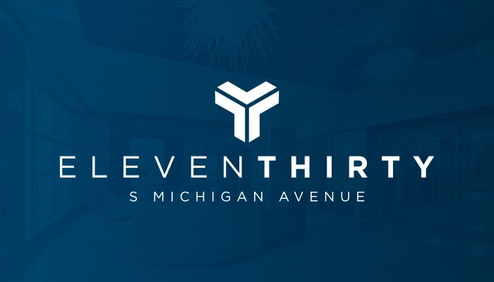 The Eleven Thirty logo presented on a blue background. The logo features a "Y" shaped design element on top, which is inspired by the overhead shape of the building. Written below is Eleven Thirty and below that is S Michigan Avenue.