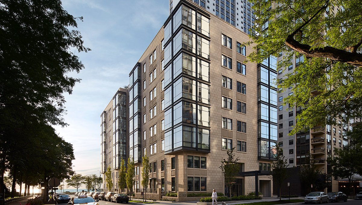 An exterior photograph of 61 Banks Street, a 58 unit ultra luxury community in Chicago.