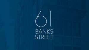 The 61 Banks Street logo presented on a blue background. The logo itself is vertically stacked with a large 61 on top and Banks Street stacked squarely below.