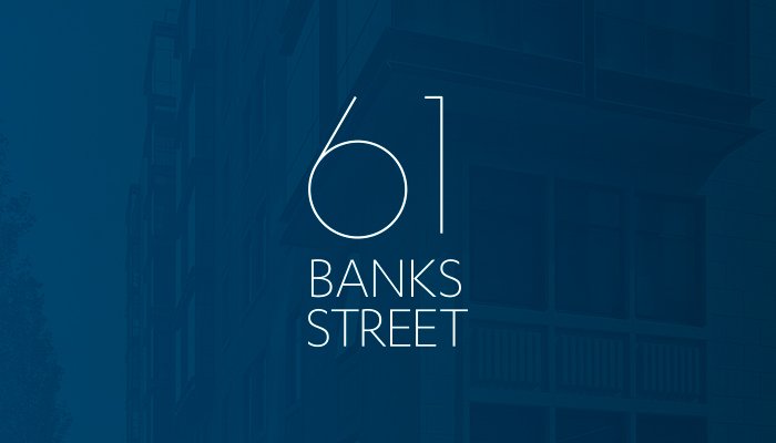 The 61 Banks Street logo presented on a blue background. The logo itself is vertically stacked with a large 61 on top and Banks Street stacked squarely below.