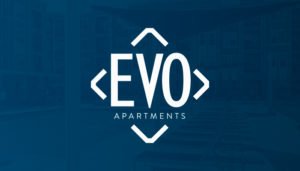 The EVO Apartments logo presented on a blue background. The logo has "EVO" written large with "Apartments" below, all of which is encased in diamond shape.