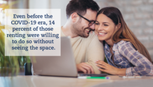 A couple snuggles while looking at a laptop. A caption reads "Even before the COVID-19 era, 14 percent of those renting were willing to do so without seeing the space."