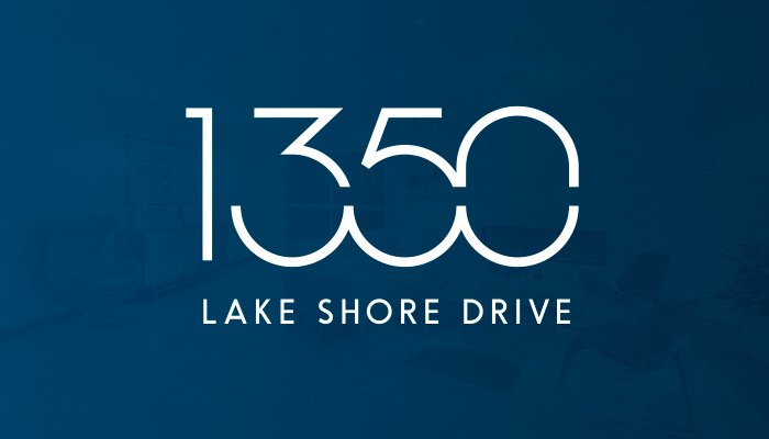 The 1350 Lake Shore Drive logo presented on a blue background. A large "1350" is drawn above the words "Lake Shore Drive".