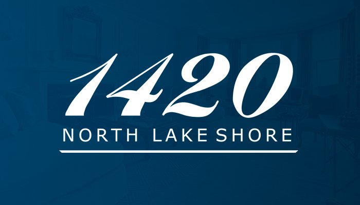 The 1420 North Lake Shore logo presented on a blue background featuring a large, italicized "1420" over the words "North Lake Shore" underlined.