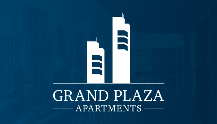 The Grand Plaza logo presented on a blue background featuring simple graphic designs of the two towers of the complex, apartments and condos, with "Grand Plaza" written below them, "Apartments" is written below that.