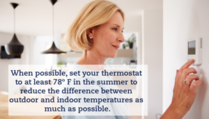 A woman adjusts her thermostat on the wall. A caption reads "How to Stay Cool and Reduce Your HVAC Bills This Summer."