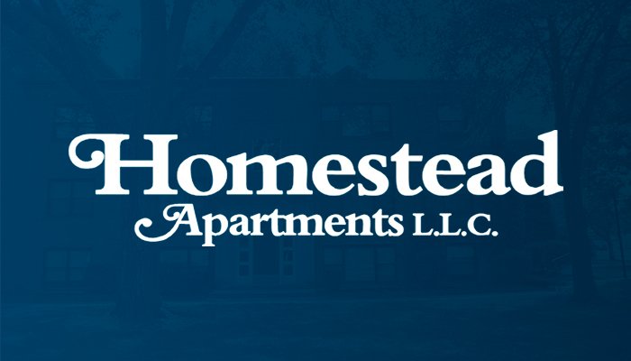 The Homestead Apartments logo presented on a blue background with "Homestead" written in a heavy serif font above and "Apartments L.L.C." below it slightly smaller.