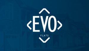 The EVO Flats logo presented on a blue background. The logo has "EVO" written large with "Living" below, all of which is encased in diamond shape.
