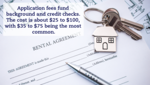 A rental application laid out on a desk with a pen and house key laying on top. A quote reads, "Application fees fund background and credit checks. The cost is about $25 to $100, with $35 to $75 being the most common."