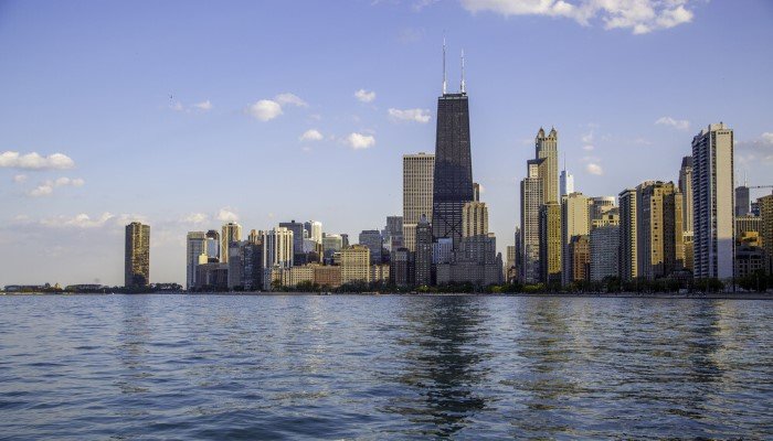 A look a the Chicago skyline from out on Lake Michigan on a clear day.
