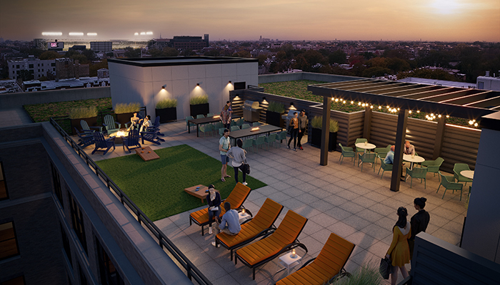 A rooftop deck with views of Wrigley Field and Lake Michigan will feature grills, outdoor dining space, a fire pit and TV viewing area.