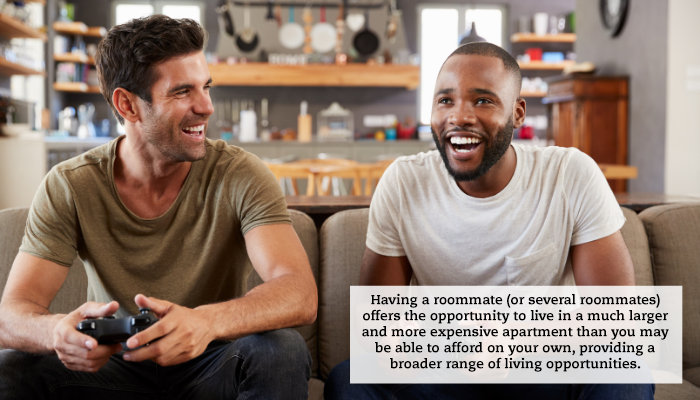 Two men laugh while playing video games in a living room. A quote reads: "Having a roommate (or several roommates) offers the opportunity to live in a much larger and more expensive apartment than you may be able to afford on your own, providing a broader range of living opportunities."