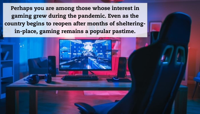 A gaming computer setup with colorful lights in the background. A quote reads: "Perhaps you are among those whose interest in gaming grew during the pandemic. Even as the country begins to reopen after months of sheltering-in-place, gaming remains a popular pastime."