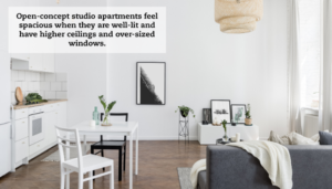 A nicely decorated studio apartment with a couch on the right and kitchen and dining area on the left. A quote reads, "Open-concept studio apartments feel spacious when they are well-lit and have higher ceilings and over-sized windows."