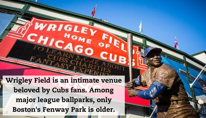 Looking up at the Wrigley Field sign. A quote overlaid on the picture reads: "Wrigley Field is an intimate venue beloved by Cubs fans. Among major league ballparks, only Boston's Fenway Park is older."