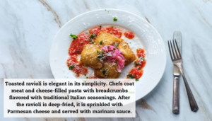 Looking down at a plate of toasted ravioli.