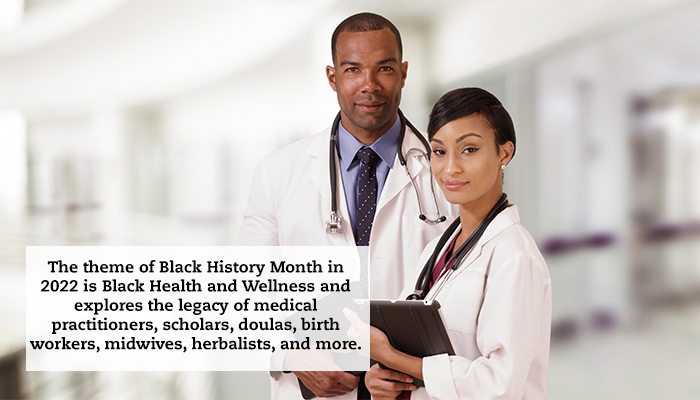 Two doctors stand side-by-side holding clipboards. A quote reads: "The theme of Black History Month in 2022 is Black Health and Wellness, exploring the legacy of medical practitioners, scholars, doulas, birth workers, midwives, herbalists, and more."