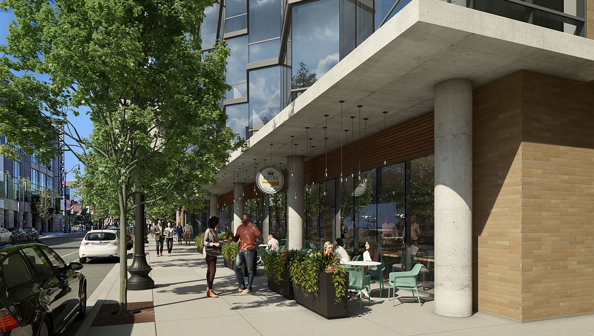 A close-up rendering of the exterior of 1649 N. Halsted with people standing outside of a bistro.