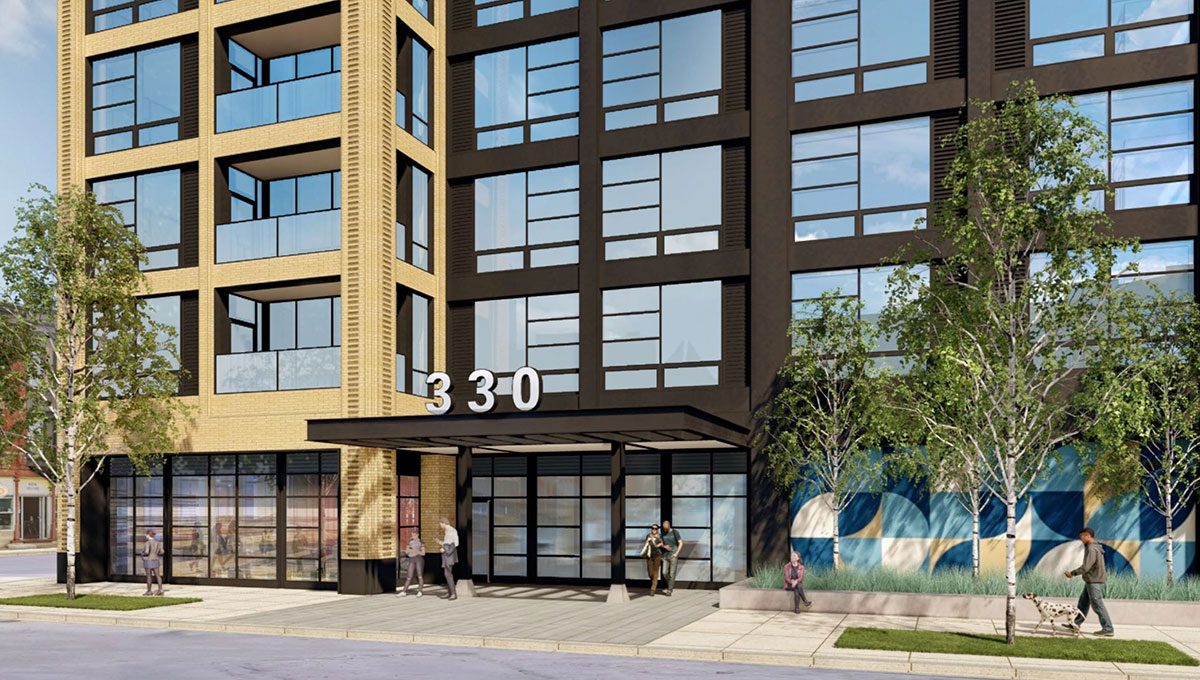 A rendering of the entryway of the new 330 W. Chestnut development in Chicago.