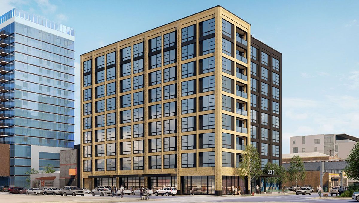 A rendering of the front side of the new 330 W. Chestnut development in Chicago.