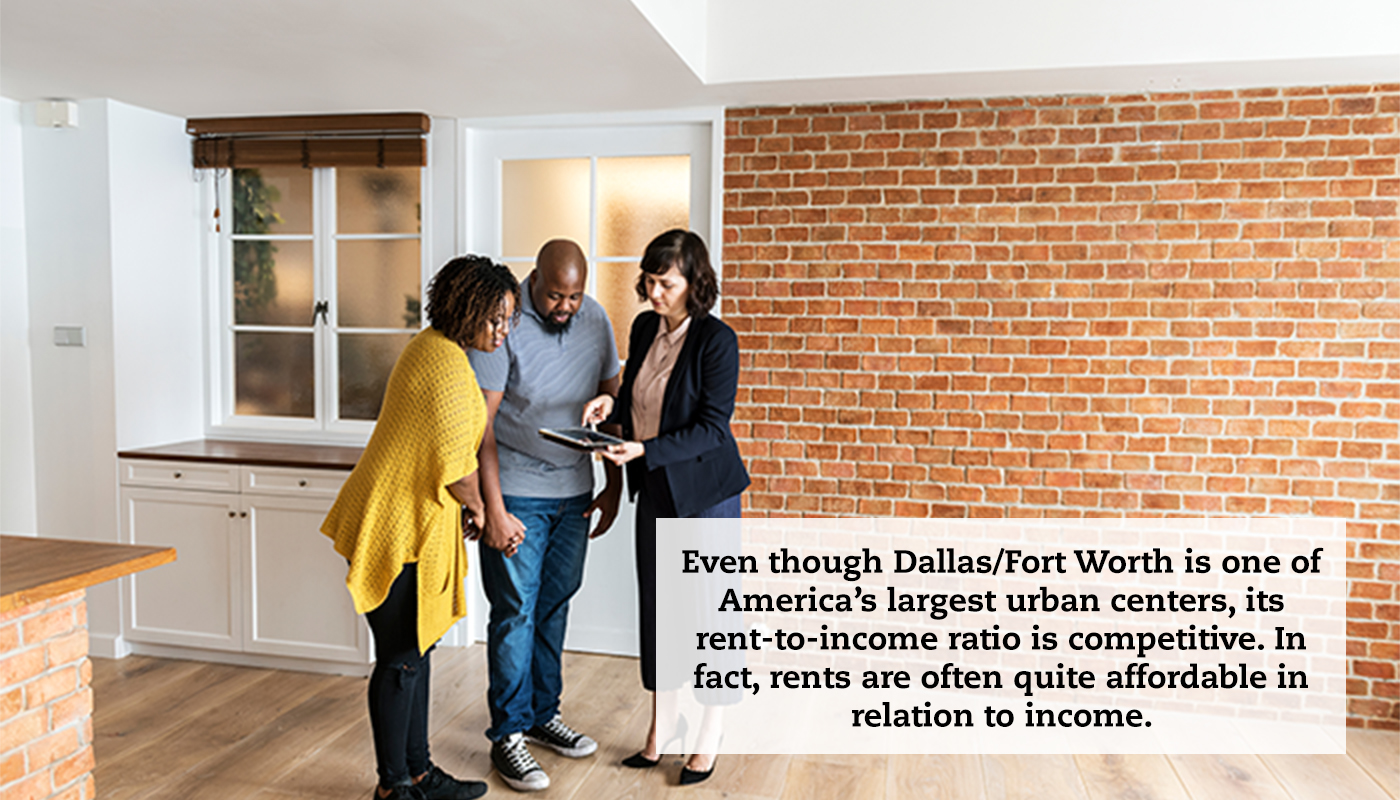 A couple looked at a tablet with the real estate agent in front a red brick house. A quote reads: "Even though Dallas/Fort Worth is one of America’s largest urban centers, its rent-to-income ratio is competitive. In fact, rents are often quite affordable in relation to income."