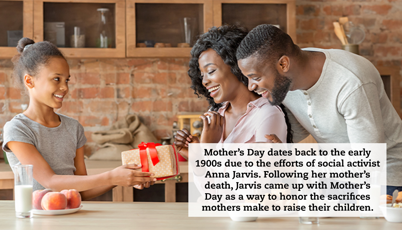 A husband embraces his wife in the kitchen while their daughter hands her mother a gift. A quote reads: "Mother’s Day dates back to the early 1900s due to the efforts of social activist Anna Jarvis. Following her mother’s death, Jarvis came up with Mother’s Day as a way to honor the sacrifices mothers make to raise their children."