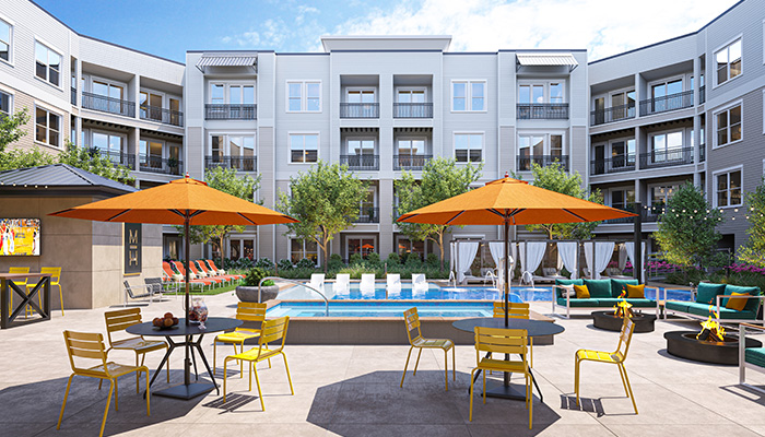 A rendering of two cafe tables sitting before the pool in the courtyard at Moda at The Hill.