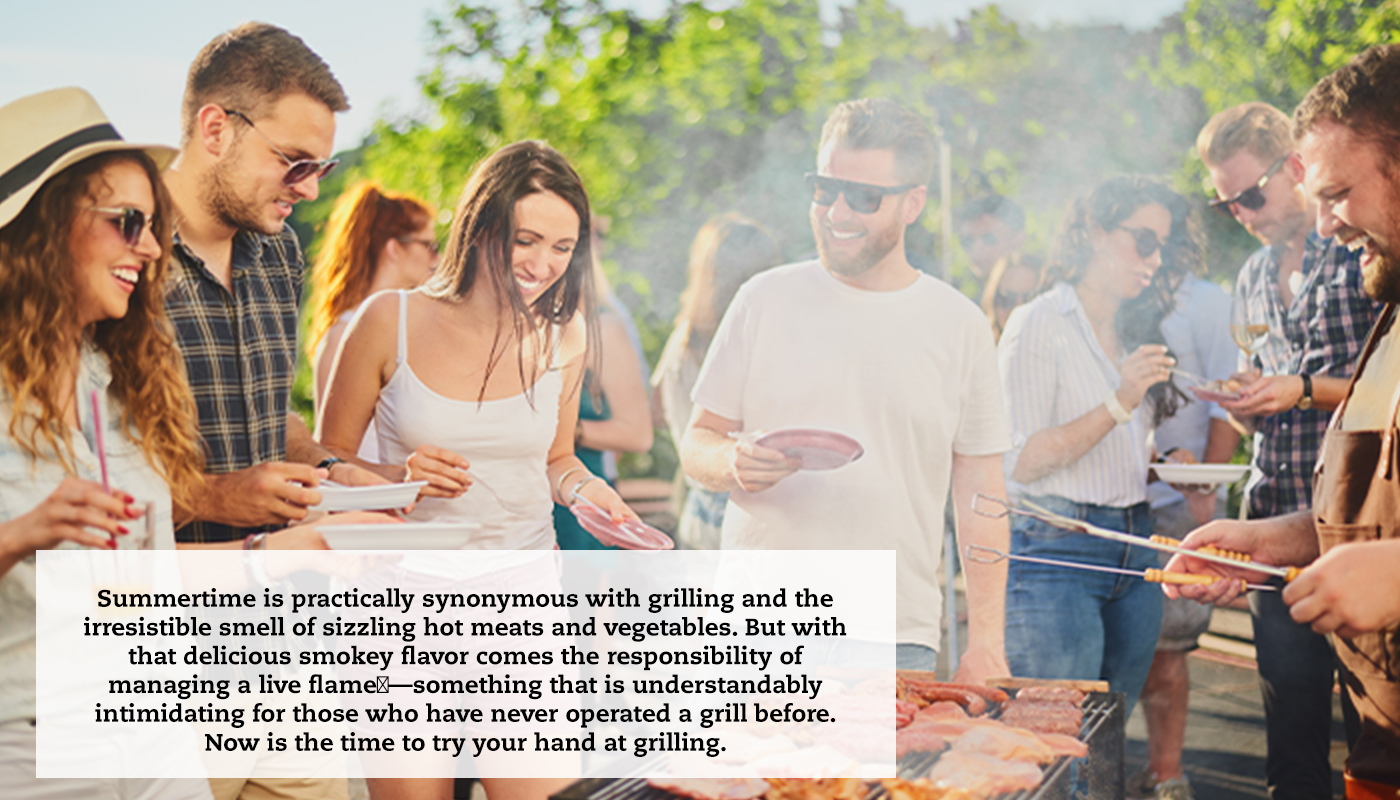 A group of friends stands around a smoky BBQ holding plates of food. A quote reads: "