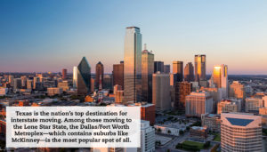 Looking at the downtown Dallas skyline from a distance at sunset. A quote reads: "Texas is the nation’s top destination for interstate moving. Among those moving to the Lone Star State, the Dallas/Fort Worth Metroplex—which contains suburbs like McKinney—is the most popular spot of all."