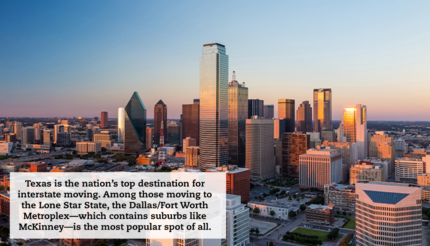 Looking at the downtown Dallas skyline from a distance at sunset. A quote reads: "Texas is the nation’s top destination for interstate moving. Among those moving to the Lone Star State, the Dallas/Fort Worth Metroplex—which contains suburbs like McKinney—is the most popular spot of all."
