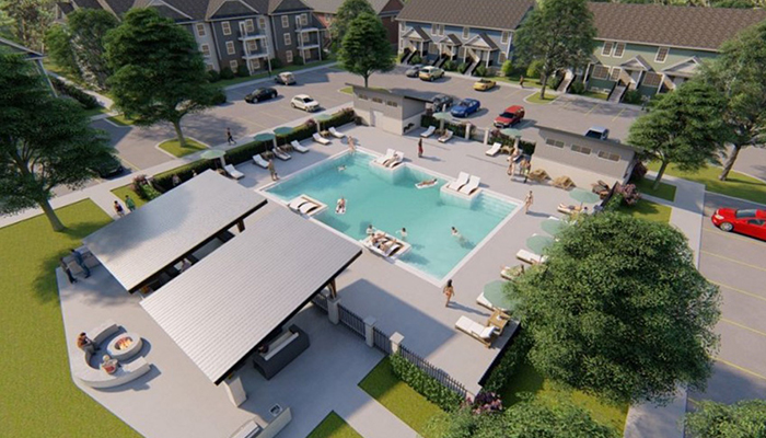 A rendering of The Park at Constitution Trail Centre looking from above down at a pool. There are cabanas next to the pool in the lower left and apartment buildings in the background in the upper left and right.