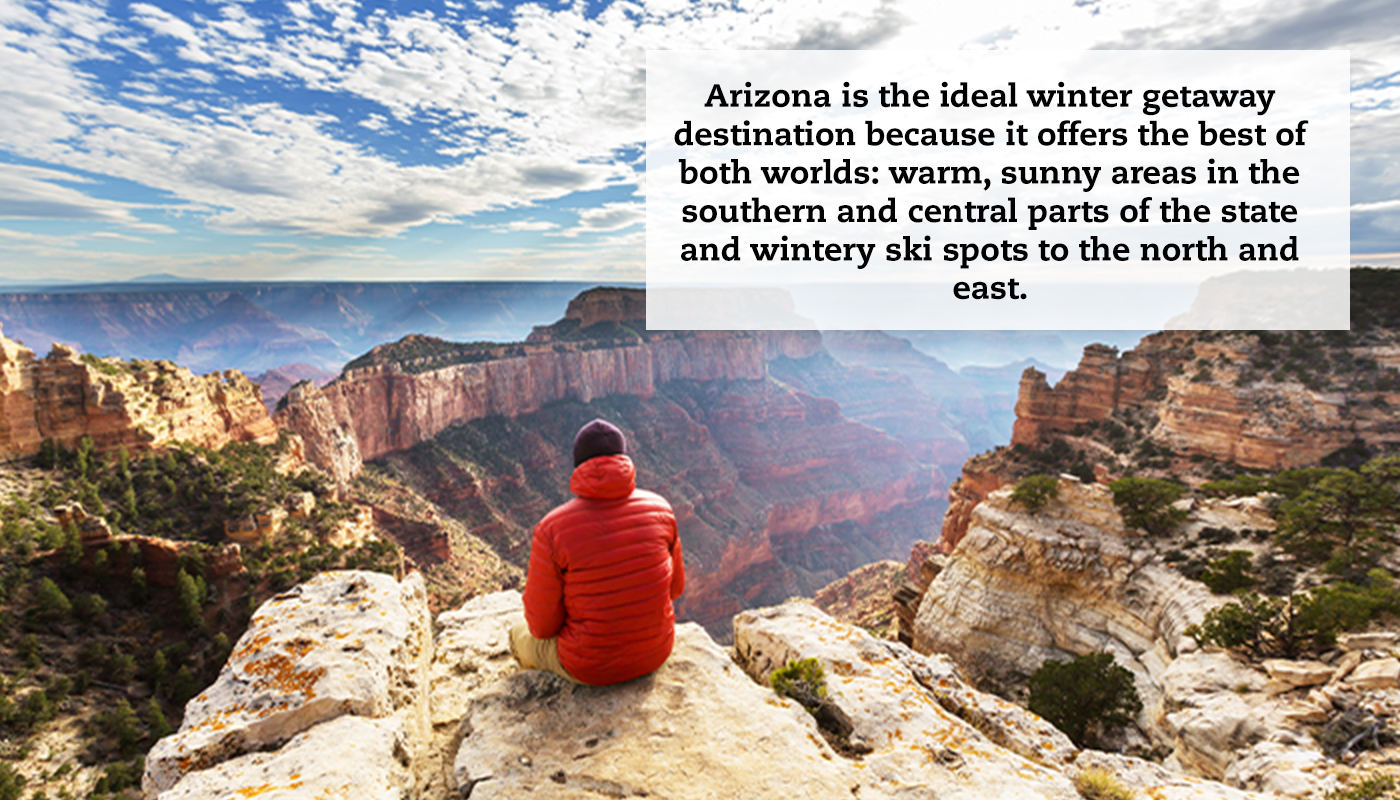 A man in a read jacket sits on the edge of the Grand Canyon admiring the view on a sunny day. A quote says: "Arizona is the ideal winter getaway destination because it offers the best of both worlds: warm, sunny areas in the southern and central parts of the state and wintery ski spots to the north and east."