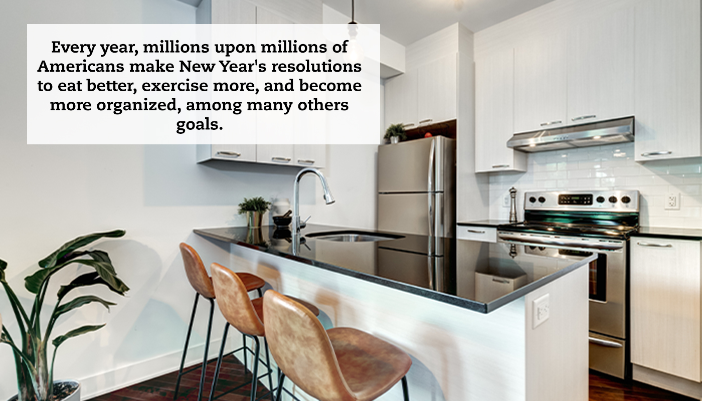 Looking across a kitchen counter. Three stools sit in front on the left and stainless steel appliances with cabinets are across on the far wall. A quote reads: "Every year, millions upon millions of Americans make New Year's resolutions to eat better, exercise more, and become more organized, among many other goals."