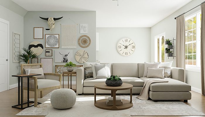 3d rendering of a living room with a neutral color scheme.