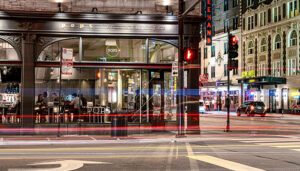 A city street at night.