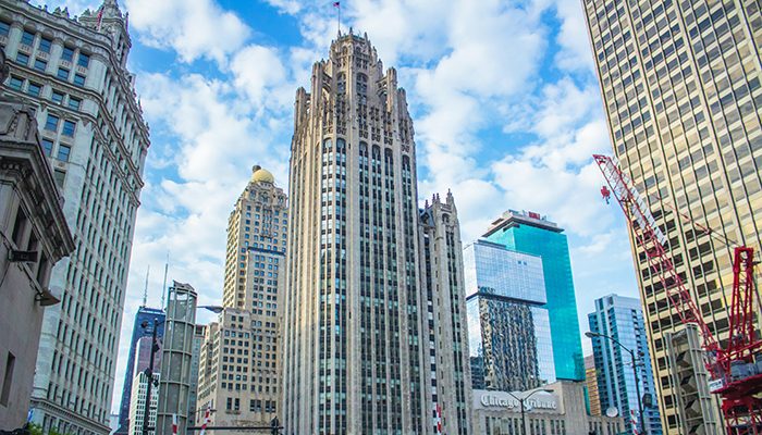 The Chicago Tribune building in Chicago, Illinois.