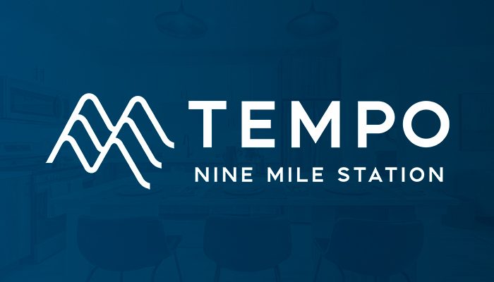 Logo for Tempo Nine Mile Station featuring a stylized double mountain icon and bold white text on a blue background.