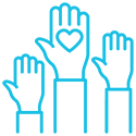 A blue graphic of the raised hands, the middle with a heart on it.