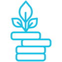 A blue graphic of rectangles stacked with a plant on top.