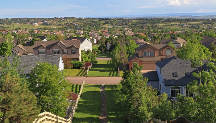 An aerial view of a residential neighborhood in Colorado.